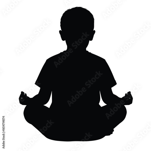 Silhouette of a young boy in lotus position meditating, isolated on white background for a peaceful and mindful concept