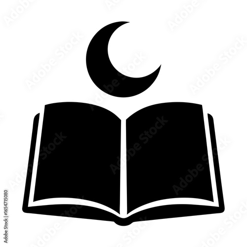 Black and White Image of an Open Book Below Crescent Moon