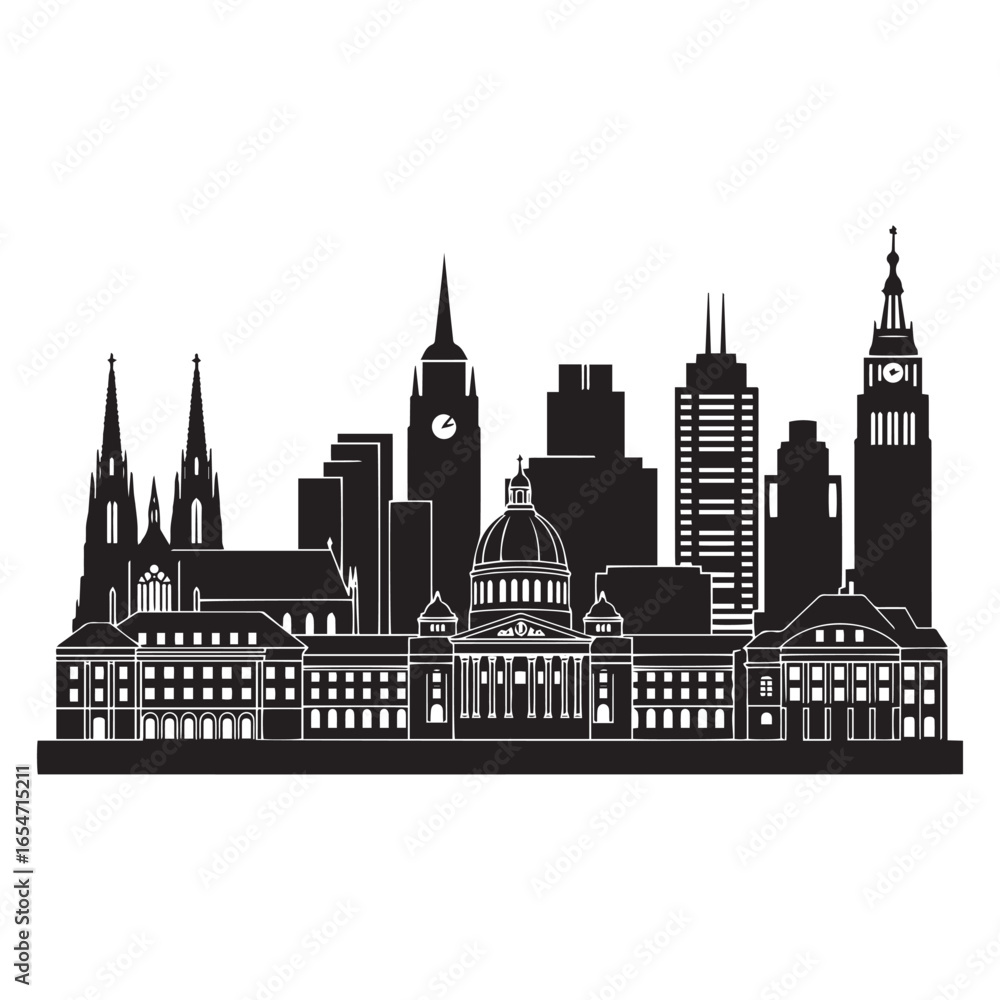 Fototapeta premium Eropean City Skyline Silhouette Vector PNG Transparent Background EDITABLE