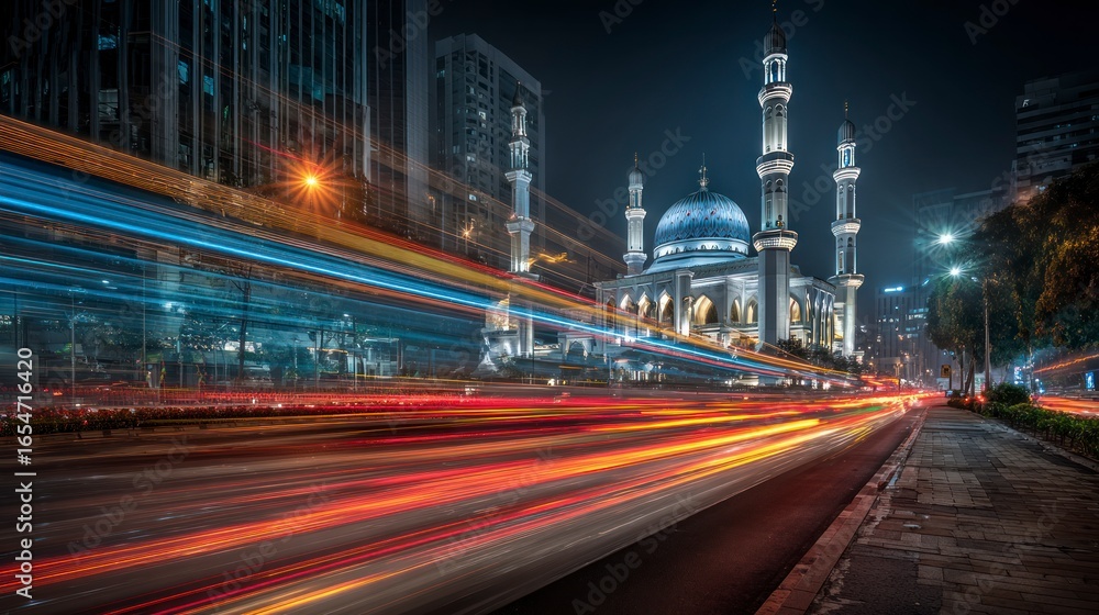 Obraz premium Mosque night cityscape with light trails