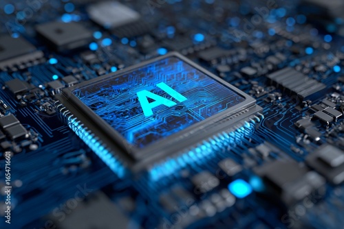 Microchip with illuminated AI inscription on a circuit board, highlighting technology advancements in artificial intelligence, prominently displaying intricate designs and circuitry