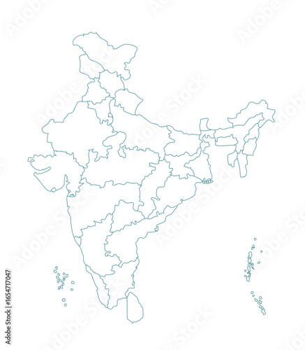 Clean vector outline map of India with clear state borders, perfect for educational, business, and geographic use in design, print, and web projects.