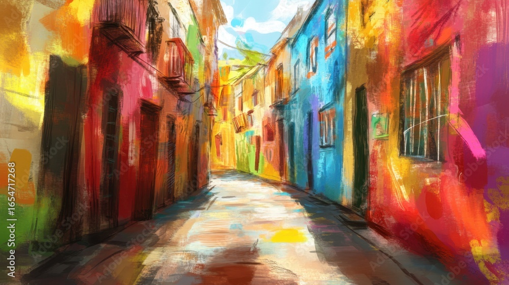 Fototapeta premium Vibrant Colorful Street Scene in European Art Style