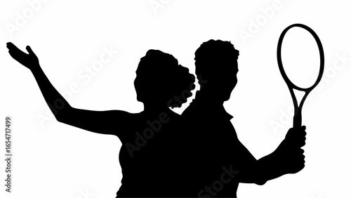 Silhouette of a tennis duo with one player holding a racket and the other with arm raised high