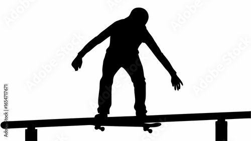 Silhouette of a skateboarder grinding on a rail with outstretched arms for balance in a black and white image