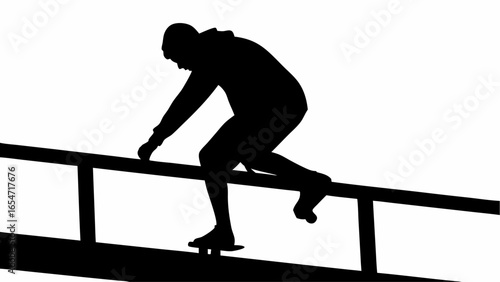 Silhouette of a hooded figure grinding on a railing with a skateboard in a black and white illustration