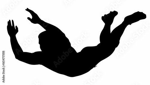 Silhouette of a football player diving with arms outstretched and legs bent in mid air on a white background