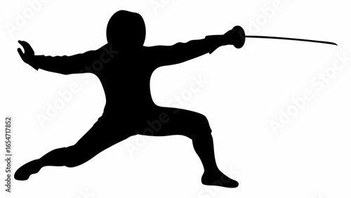 Silhouette of a fencer in action pose with a sword extended fully against a white background image view