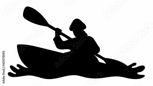 Silhouette of a person kayaking with a paddle on water in black and white simple vector illustration