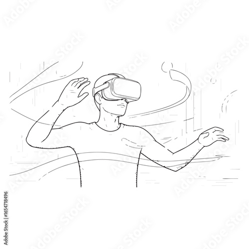 Man in VR headset exploring virtual reality world, vector illustration