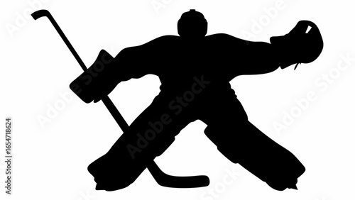 Silhouette of a hockey goalie in action pose with stick and protective gear against white background
