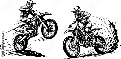 Motocross Riders Set – Black and White Vector Illustration