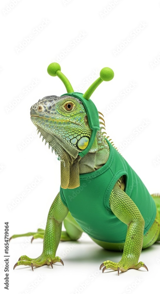 Fototapeta premium iguana dressed in a green alien costume, Funny Martian Halloween costume, white background