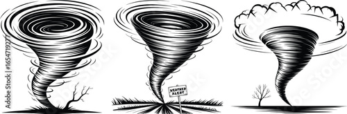 Tornado Cyclone Twister Storm Funnel Cloud Illustrations Set.