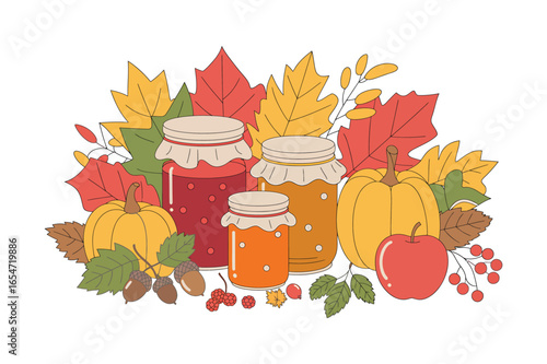 Cozy autumn harvest jams and preserves surrounded by colorful fall leaves and berries vector