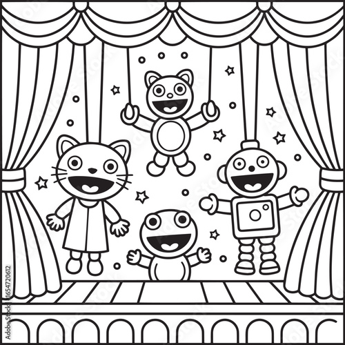Puppet show with happy cat bear robot frog characters stage curtains