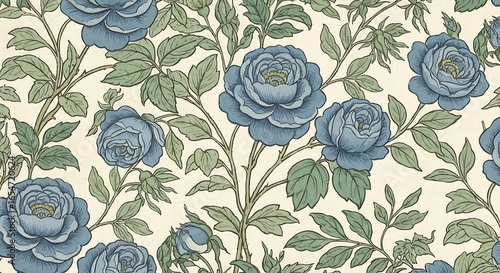 Vintage blue rose floral pattern with green leaves