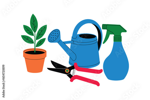 Gardening essentials tools plant pot watering can sprayer and secateurs for home cultivation vector