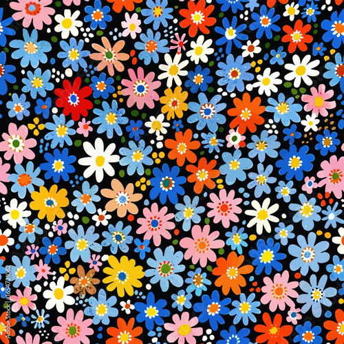 Vibrant retro floral pattern with playful colors on black background brings cheerful energy