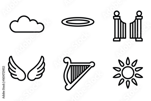 Heavenly icon set featuring clouds gates harp angel wings halo and sun symbols vector