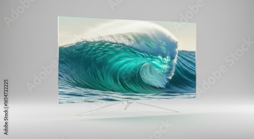Modern curved television displaying a powerful ocean wave, isolated on a white studio background