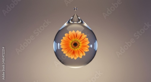 Orange gerbera flower encapsulated in a clear drop of water