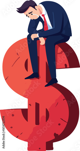 Sad Businessman Sitting on Dollar Symbol