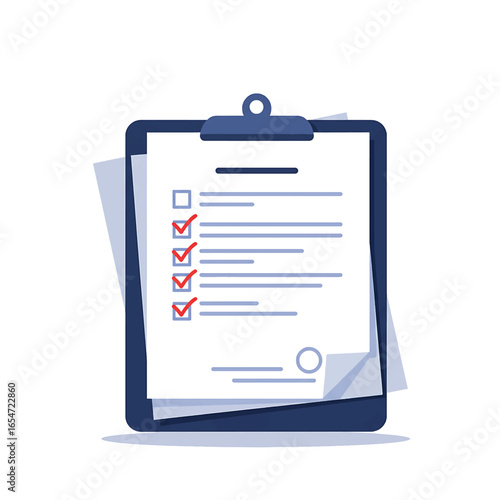 Flat lay image of a clipboard with a checklist showing completed tasks, against a clean white background; conveying a sense of accomplishment and organization.