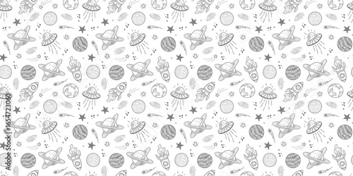 space pattern background. Space background. Space doodle illustration. Seamless pattern with cartoon space rockets, planets, stars. space element seamless pattern background.