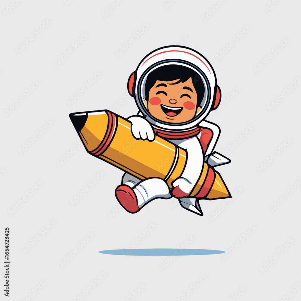 Naklejka premium A playful astronaut balancing on a pencil rocket shaped like a giant snowflake, gliding past twinkling stars and a crescent moon in a winter wonderland of space.