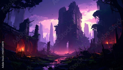 A mystical, twilight landscape of ruined structures