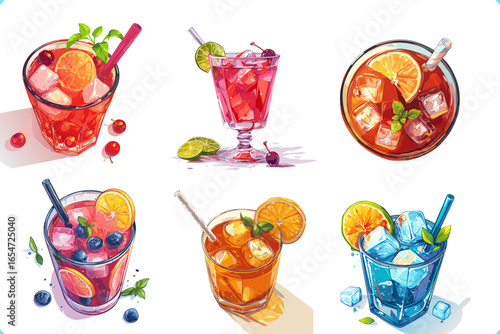 Set of summer cocktail. Flat vector illustration of cocktail on white background. Top view. Vector illustration of summer tropical beverage on white background