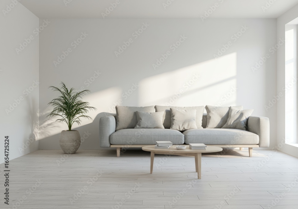 Fototapeta premium Bright, minimalist living room with light gray couch, wooden coffee table, and potted plant