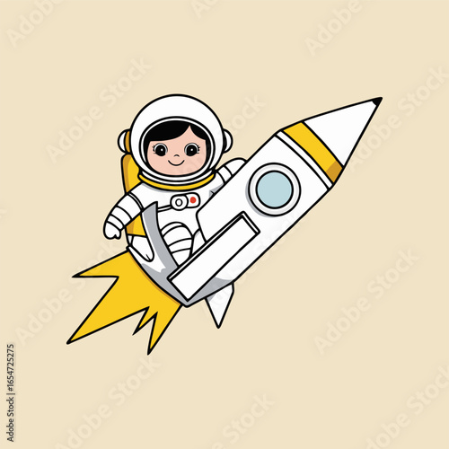 An adorable astronaut flying on a whimsical pencil rocket that leaves a trail of colorful sparkles, surrounded by floating musical notes and happy space creatures.
