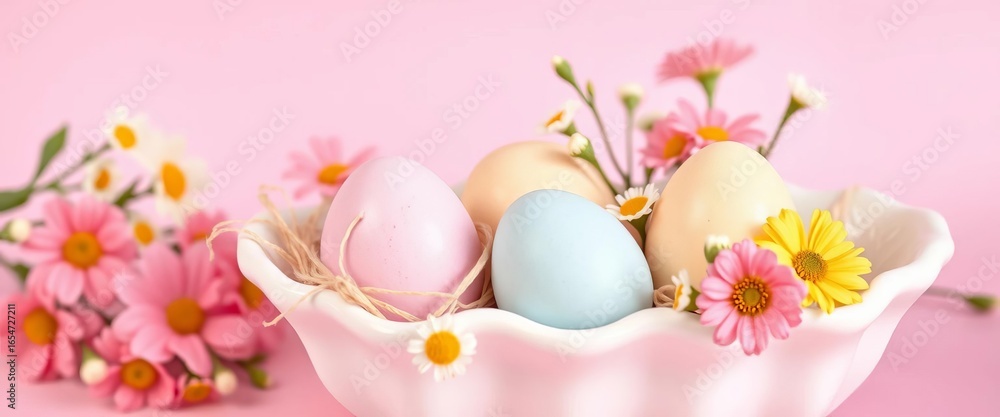 Pastel Easter eggs nestled in a white ceramic holder, adorned with spring flowers against a soft pink backdrop,  photography,  cute