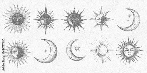 Set of moon and sun drawings, tattoo style. Ink texture with soft threshold grain, dusty speckle and paper marks. Aged surface with light grit and faint grunge pattern.