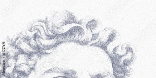 Head of Greek statue. Distressed object with gritty halftone grain, ink smudges and soft dust. Light scratches and paper texture cover the surface.