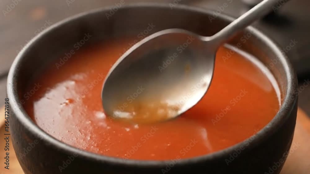 Spoon scoops reddishorange soup from a dark bowl showcasing its smooth texture and color Spoon scoops reddishorange soup from a dark bowl showcasing its smooth texture and color