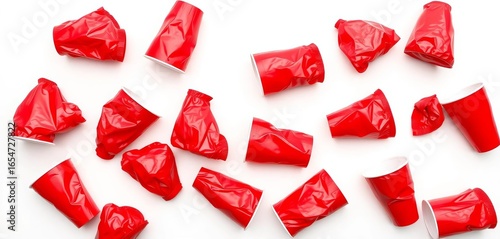 Several crumpled red plastic cups, isolated on white, environment, eco
