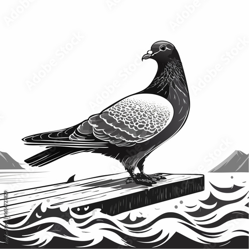 A Majestic Pigeon Standing on a Dock, Watching the Gentle Waves in a Vector Illustration
