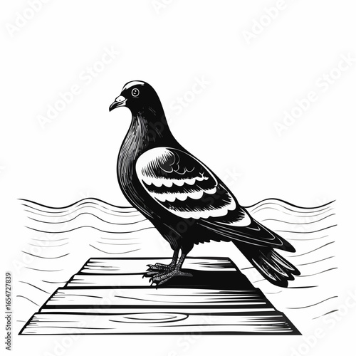 A Majestic Pigeon Standing on a Dock, Watching the Gentle Waves in a Vector Illustration