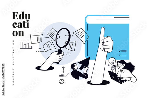 Seeking knowledge. Vector creative illustration for web banner, social media, business presentation, marketing material. Distance education, online learning.