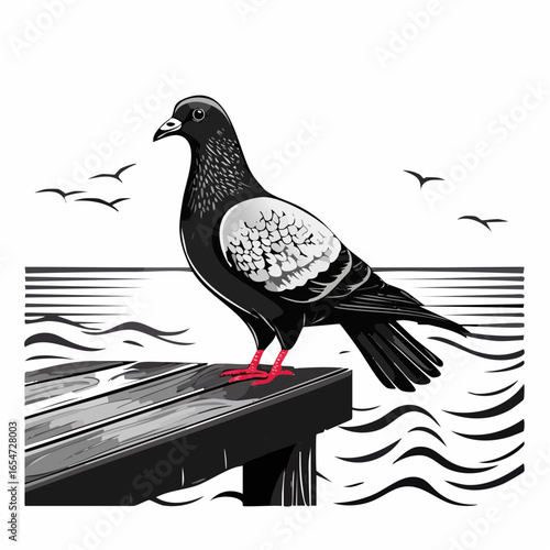 A Majestic Pigeon Standing on a Dock, Watching the Gentle Waves in a Vector Illustration