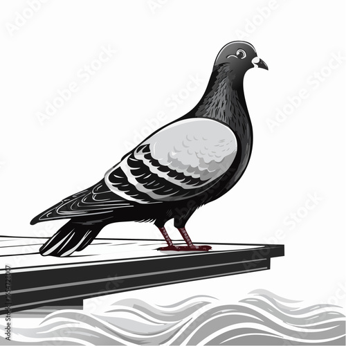 A Majestic Pigeon Standing on a Dock, Watching the Gentle Waves in a Vector Illustration