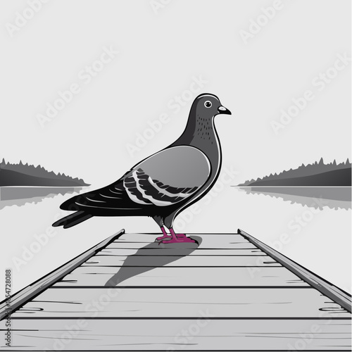 A Pigeon Standing on a Wooden Dock Plank, Gazing at the Peaceful Waterfront in Vector Art