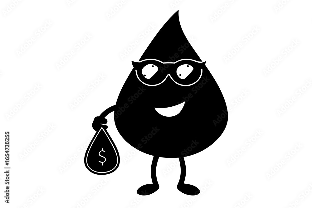Fototapeta premium Vector art of cartoon oil drop character wearing glasses and holding a money bag isolated on white background