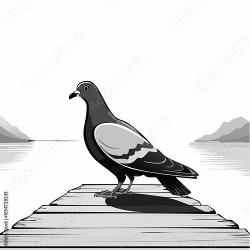 A Pigeon Standing on a Wooden Dock Plank, Gazing at the Peaceful Waterfront in Vector Art