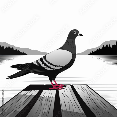 A Pigeon Standing on a Wooden Dock Plank, Gazing at the Peaceful Waterfront in Vector Art