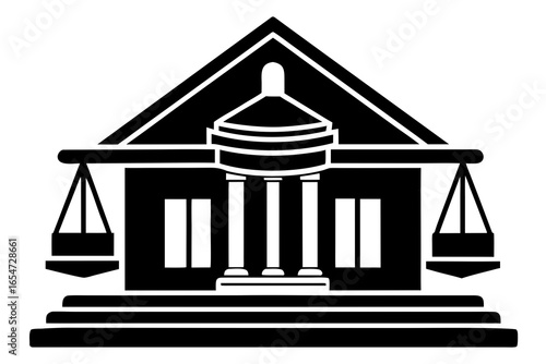 Vector art of courthouse icon with scales of justice isolated on white background, representing law, legal system, and government authority