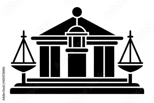 Vector art of courthouse icon with scales of justice isolated on white background, representing law, legal system, and government authority